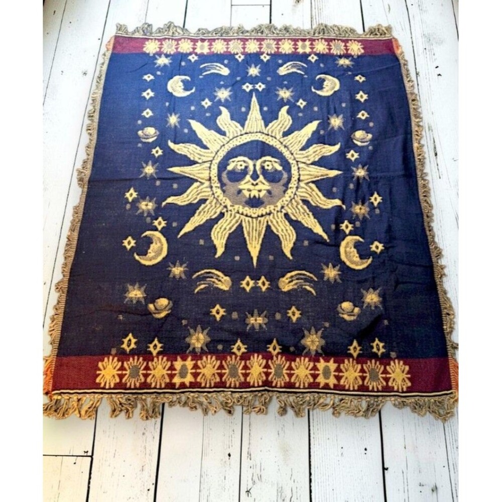 Vintage 1999 Celestial Sun Moon Woven Cotton Throw Blanket 50x60 Whimsigoth NOS
